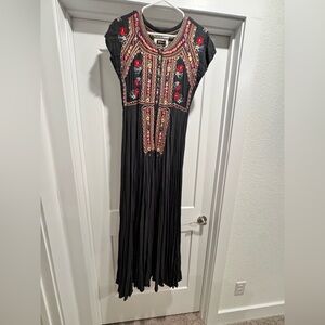 Johnny Was Biya Gray Maxi Dress with Red and Gold Embroidery